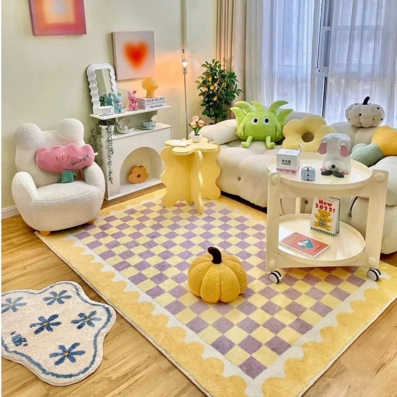 Outdoor Furniture For Cafe - Pink Blue Checkerboard Bedside Carpet Cute