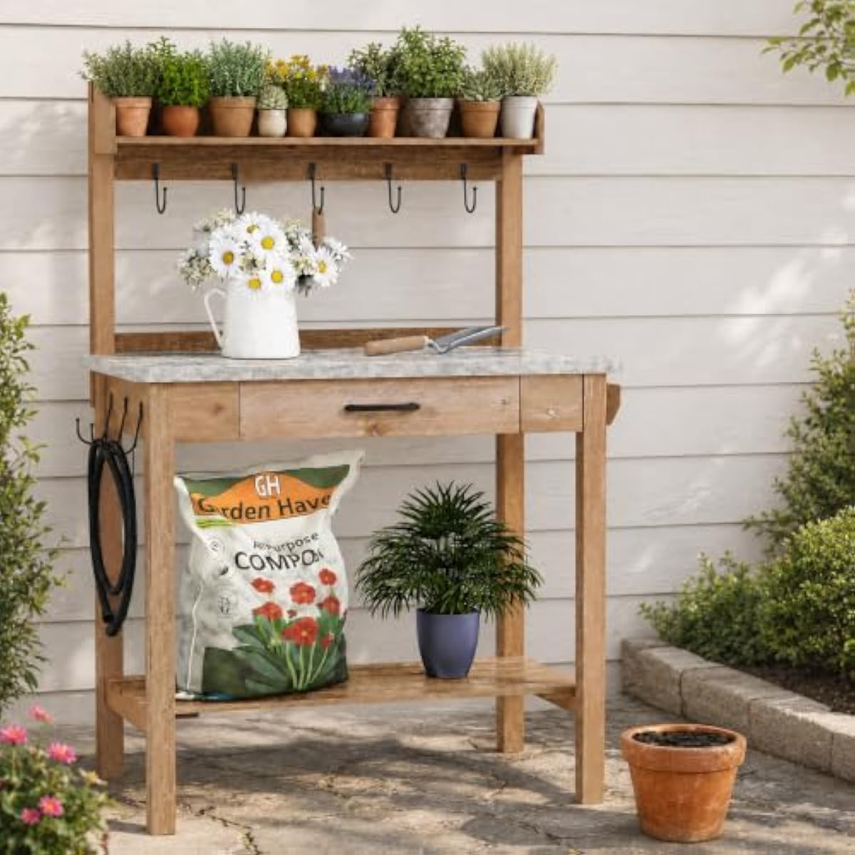Garden Bench Metal - Outdoor Potting Bench with Metal Tabletop